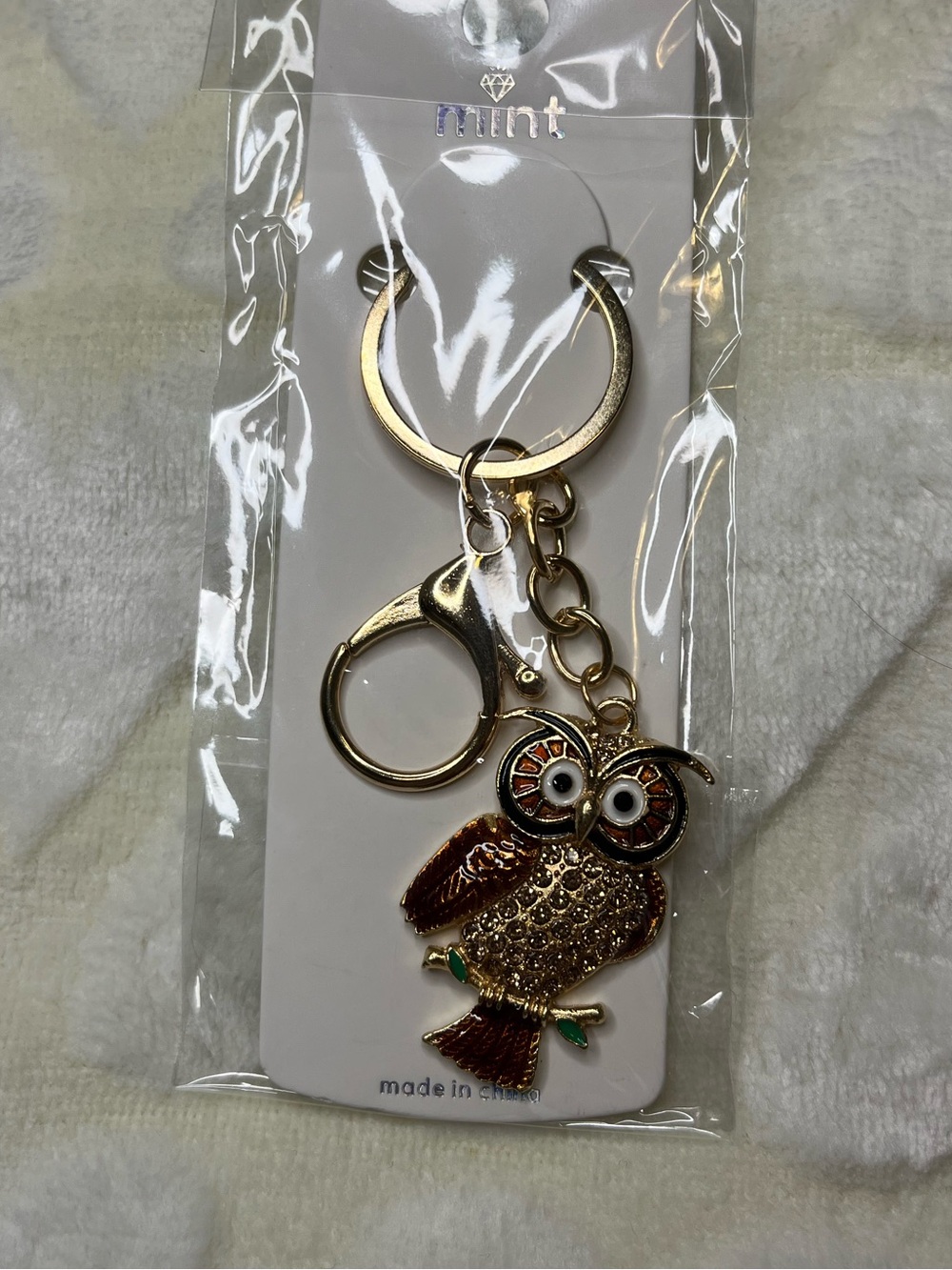 Mint Gold and Brown Owl Key Holder with Enamel Details